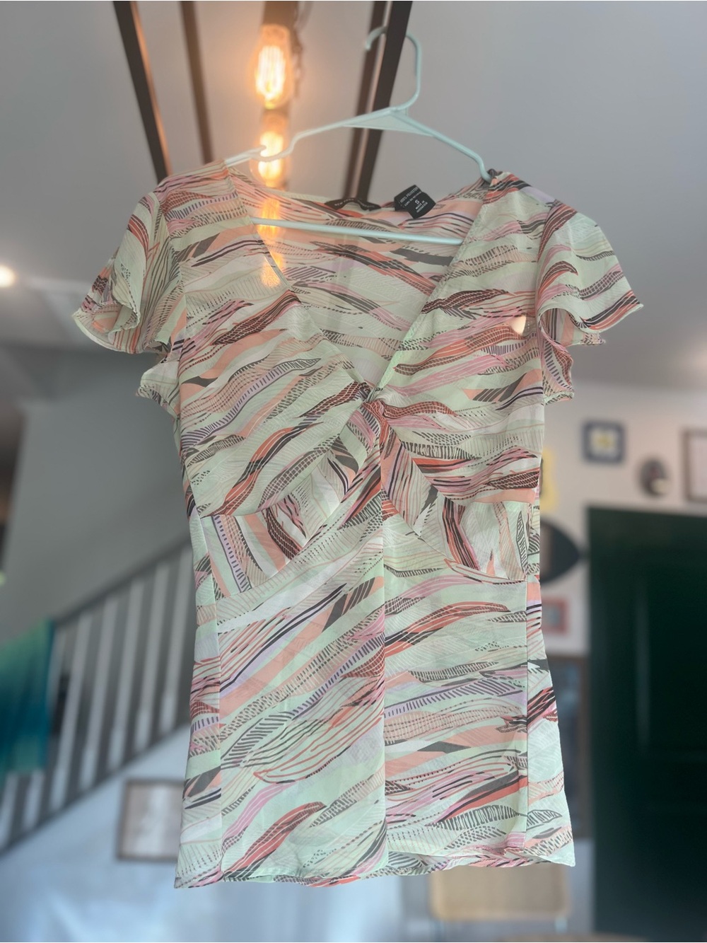 New York & Company Pastel Wave-Print Blouse in Pink & Cream